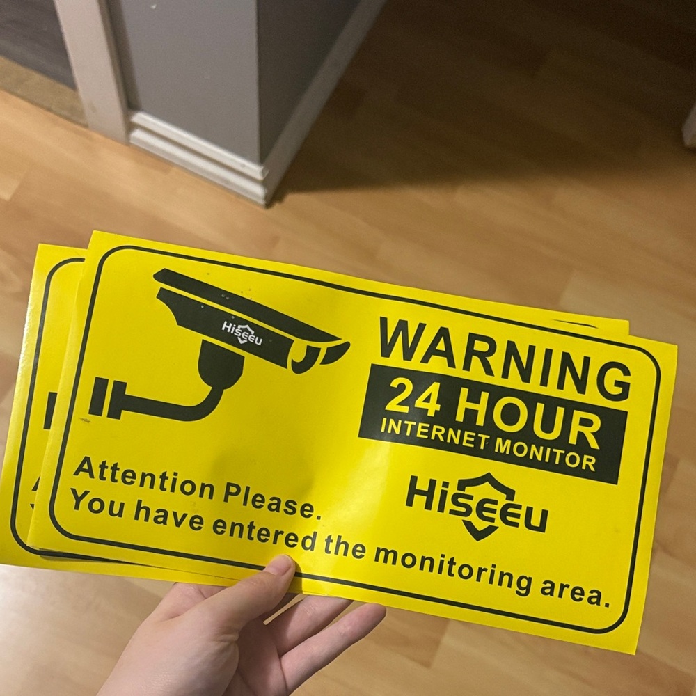 Yellow Security Warning Sign Stickers x2